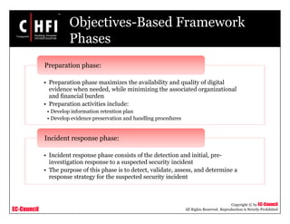 EC-Council
Copyright © by EC-Council
All Rights Reserved. Reproduction is Strictly Prohibited
Objectives-Based Framework
Phases
• Preparation phase maximizes the availability and quality of digital
evidence when needed, while minimizing the associated organizational
and financial burden
• Preparation activities include:
• Develop information retention plan
• Develop evidence preservation and handling procedures
Preparation phase:
• Incident response phase consists of the detection and initial, pre-
investigation response to a suspected security incident
• The purpose of this phase is to detect, validate, assess, and determine a
response strategy for the suspected security incident
Incident response phase:
 