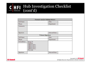 EC-Council
Copyright © by EC-Council
All Rights Reserved. Reproduction is Strictly Prohibited
Hub Investigation Checklist
(cont’d)
 