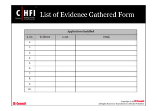 EC-Council
Copyright © by EC-Council
All Rights Reserved. Reproduction is Strictly Prohibited
List of Evidence Gathered Form
 