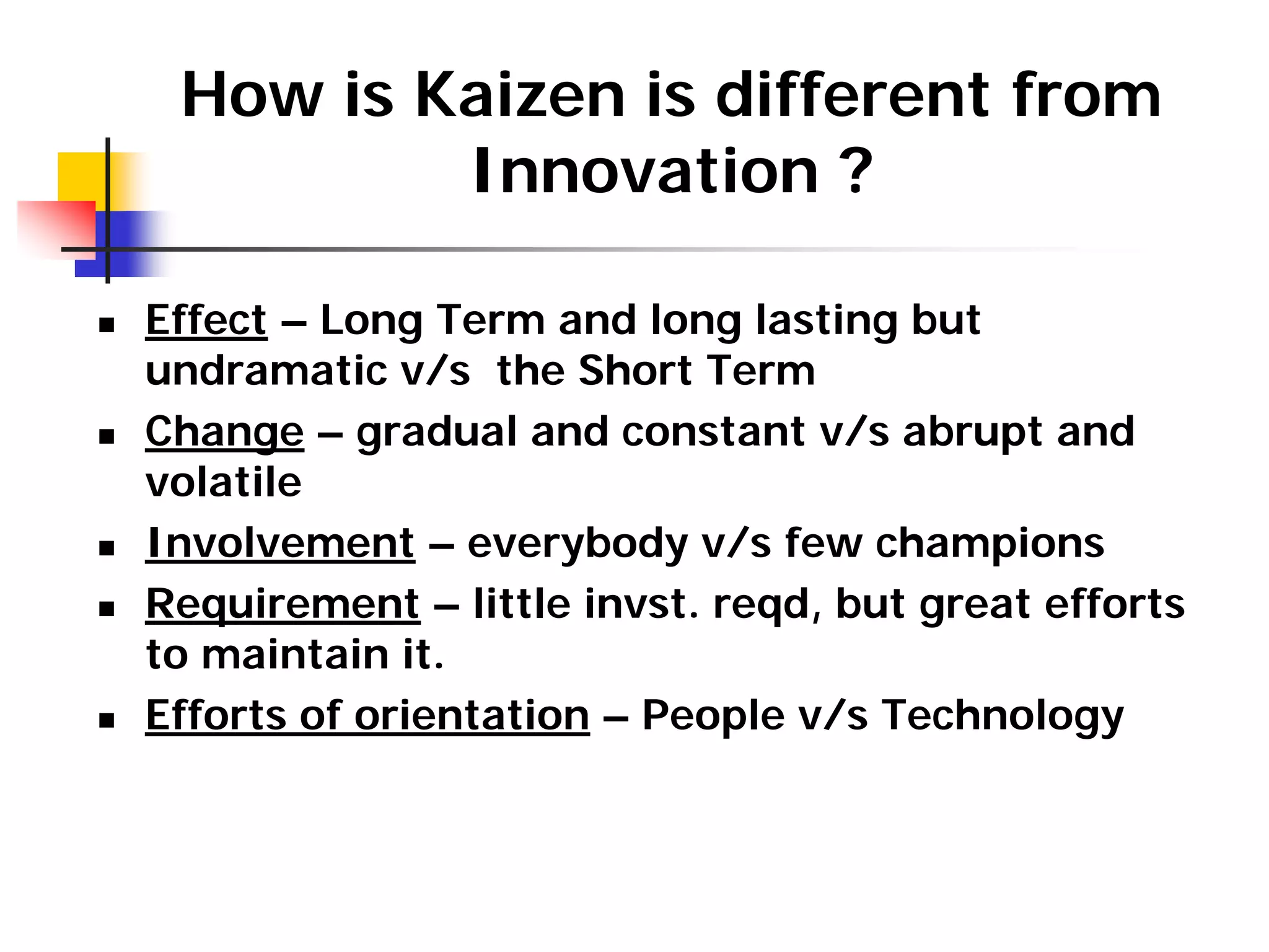 How is Kaizen is different from
Innovation ?
„ Effect – Long Term and long lasting but
undramatic v/s the Short Term
„ Change – gradual and constant v/s abrupt and
volatile
„ Involvement – everybody v/s few champions
„ Requirement – little invst. reqd, but great efforts
to maintain it.
„ Efforts of orientation – People v/s Technology
 