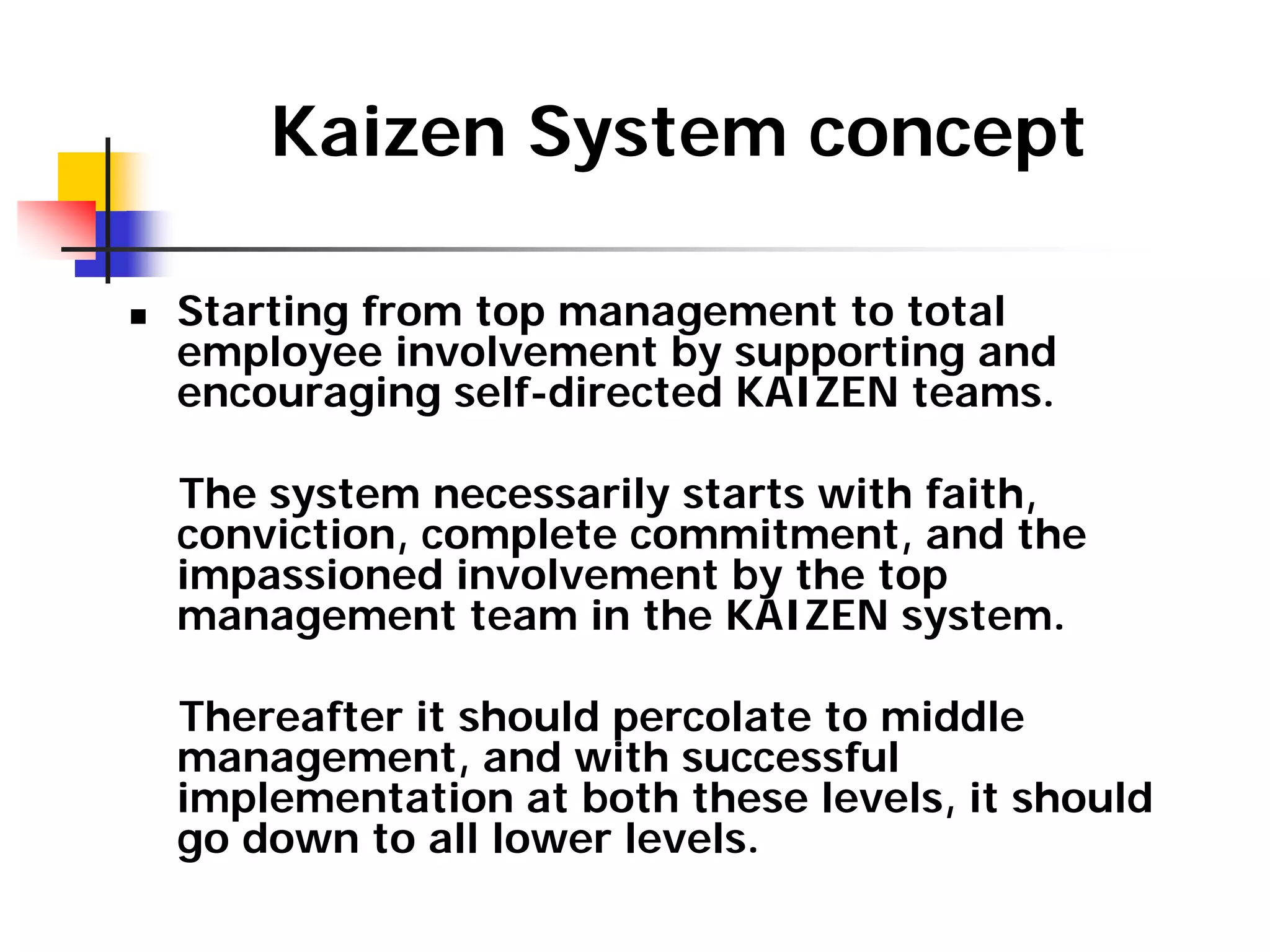 Kaizen System concept
„ Starting from top management to total
employee involvement by supporting and
encouraging self-directed KAIZEN teams.
The system necessarily starts with faith,
conviction, complete commitment, and the
impassioned involvement by the top
management team in the KAIZEN system.
Thereafter it should percolate to middle
management, and with successful
implementation at both these levels, it should
go down to all lower levels.
 