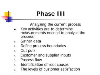 Phase III
Analyzing the current process
 Key activities are to determine
measurements needed to analyse the
process
1. Ga...