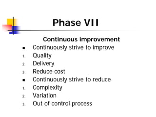 Phase VII
Continuous improvement
 Continuously strive to improve
1. Quality
2. Delivery
3. Reduce cost
 Continuously str...
