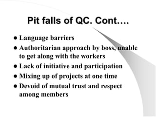 Pit falls of QC. Cont….
Pit falls of QC. Cont….
z Language barriers
z Authoritarian approach by boss, unable
to get along ...