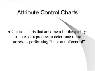 Attribute Control Charts
Attribute Control Charts
z Control charts that are drawn for the quality
attributes of a process ...