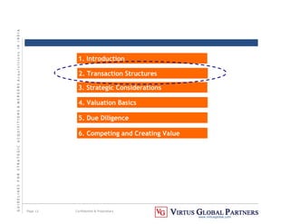 G
U
I
D
E
L
I
N
E
S
F
O
R
S
T
R
A
T
E
G
I
C
A
C
Q
U
I
S
I
T
I
O
N
S

M
E
R
G
E
R
S
A
c
q
u
I
s
I
t
I
o
n
s
I
N
I
N
D
I
A
Page 12 Confidential  Proprietary
www.virtusglobal.com
1. Introduction
2. Transaction Structures
3. Strategic Considerations
4. Valuation Basics
5. Due Diligence
6. Competing and Creating Value
 