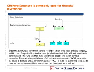 G
U
I
D
E
L
I
N
E
S
F
O
R
S
T
R
A
T
E
G
I
C
A
C
Q
U
I
S
I
T
I
O
N
S

M
E
R
G
E
R
S
A
c
q
u
I
s
I
t
I
o
n
s
I
N
I
N
D
I
A
Page 14 Confidential  Proprietary
www.virtusglobal.com
Offshore Structure is commonly used for financial
investment
Under this structure an investment vehicle (“Fund”), which could be an ordinary company,
an LLC or an LP organized in a tax favorable jurisdiction outside India will pool investments
from investors. The Fund will then make investments directly into Indian portfolio
companies. There would generally be an offshore investment manager (“IM”) for managing
the assets of the fund and an investment advisor (“IAA”) in India for identifying deals and to
carry out preliminary due-diligence on prospective investment opportunities.
 