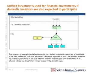 G
U
I
D
E
L
I
N
E
S
F
O
R
S
T
R
A
T
E
G
I
C
A
C
Q
U
I
S
I
T
I
O
N
S

M
E
R
G
E
R
S
A
c
q
u
I
s
I
t
I
o
n
s
I
N
I
N
D
I
A
Page 15 Confidential  Proprietary
www.virtusglobal.com
This structure is generally used where domestic (i.e., Indian) investors are expected to participate
in the fund. Under this structure, a trust or a company is organized in India. The domestic investors
would directly contribute to the trust whereas overseas investors pool their investments in an
offshore vehicle and this offshore vehicle invests in the domestic trust.
Unified Structure is used for financial investments if
domestic investors are also expected to participate
 