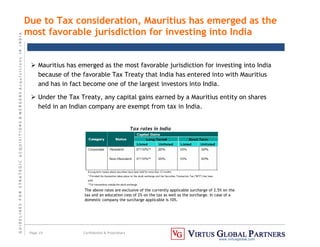 G
U
I
D
E
L
I
N
E
S
F
O
R
S
T
R
A
T
E
G
I
C
A
C
Q
U
I
S
I
T
I
O
N
S

M
E
R
G
E
R
S
A
c
q
u
I
s
I
t
I
o
n
s
I
N
I
N
D
I
A
Page 19 Confidential  Proprietary
www.virtusglobal.com
Due to Tax consideration, Mauritius has emerged as the
most favorable jurisdiction for investing into India
Tax rates in India
The above rates are exclusive of the currently applicable surcharge of 2.5% on the
tax and an education cess of 2% on the tax as well as the surcharge. In case of a
domestic company the surcharge applicable is 10%.
 Mauritius has emerged as the most favorable jurisdiction for investing into India
because of the favorable Tax Treaty that India has entered into with Mauritius
and has in fact become one of the largest investors into India.
 Under the Tax Treaty, any capital gains earned by a Mauritius entity on shares
held in an Indian company are exempt from tax in India.
 