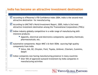 G
U
I
D
E
L
I
N
E
S
F
O
R
S
T
R
A
T
E
G
I
C
A
C
Q
U
I
S
I
T
I
O
N
S

M
E
R
G
E
R
S
A
c
q
u
I
s
I
t
I
o
n
s
I
N
I
N
D
I
A
Page 4 Confidential  Proprietary
www.virtusglobal.com
India has become an attractive investment destination
 According to ATKearney’s FDI Confidence Index 2004, India is the second most
attractive destination for manufacturing.
 According to UNCTAD’s World Investment Report, 2005, India is 2nd most
attractive investment destination among the Transnational Corporations (TNCs)
 Indian industry globally competitive in a wide range of manufacturing skill-
intensive products:
 Apparels, electrical and electronics components; speciality chemicals;
pharmaceuticals; etc.
 Automotive components: Major MNC’s  their OEMs sourcing high-quality
components from India
 Volvo, GM, GE, Chrysler, Ford, Toyota, Unilever, Cliariant, Cummins,
Delphi
 Indian companies now having manufacturing presence in many countries
 Over 55% of approved outward investment by India companies in
manufacturing activities
 
