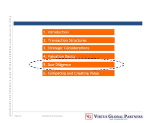 G
U
I
D
E
L
I
N
E
S
F
O
R
S
T
R
A
T
E
G
I
C
A
C
Q
U
I
S
I
T
I
O
N
S

M
E
R
G
E
R
S
A
c
q
u
I
s
I
t
I
o
n
s
I
N
I
N
D
I
A
Page 49 Confidential  Proprietary
www.virtusglobal.com
1. Introduction
2. Transaction Structures
3. Strategic Considerations
4. Valuation Basics
5. Due Diligence
6. Competing and Creating Value
 