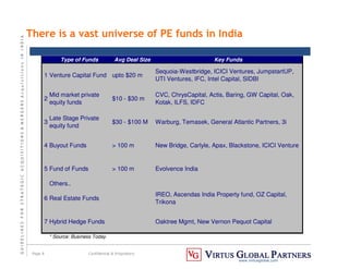 G
U
I
D
E
L
I
N
E
S
F
O
R
S
T
R
A
T
E
G
I
C
A
C
Q
U
I
S
I
T
I
O
N
S

M
E
R
G
E
R
S
A
c
q
u
I
s
I
t
I
o
n
s
I
N
I
N
D
I
A
Page 8 Confidential  Proprietary
www.virtusglobal.com
There is a vast universe of PE funds in India
Type of Funds Avg Deal Size Key Funds
1 Venture Capital Fund upto $20 m
Sequoia-Westbridge, ICICI Ventures, JumpstartUP,
UTI Ventures, IFC, Intel Capital, SIDBI
2
Mid market private
equity funds
$10 - $30 m
CVC, ChrysCapital, Actis, Baring, GW Capital, Oak,
Kotak, ILFS, IDFC
3
Late Stage Private
equity fund
$30 - $100 M Warburg, Temasek, General Atlantic Partners, 3i
4 Buyout Funds  100 m New Bridge, Carlyle, Apax, Blackstone, ICICI Venture
5 Fund of Funds  100 m Evolvence India
Others..
6 Real Estate Funds
IREO, Ascendas India Property fund, OZ Capital,
Trikona
7 Hybrid Hedge Funds Oaktree Mgmt, New Vernon Pequot Capital
* Source: Business Today
 