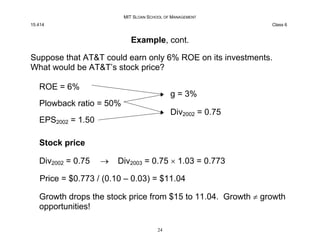 MIT SLOAN SCHOOL OF MANAGEMENT
15.414 Class 6
Example, cont.
Suppose that ATT could earn only 6% ROE on its investments.
W...