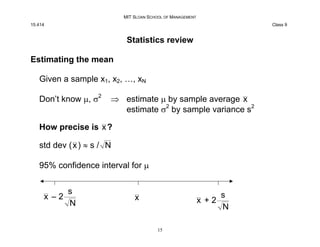 MIT SLOAN SCHOOL OF MANAGEMENT
15.414 Class 9
Statistics review
Estimating the mean
Given a sample x1, x2, …, xN
Don’t kno...