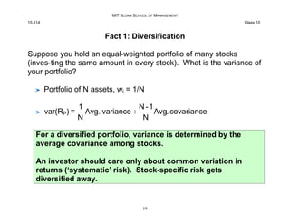 MIT SLOAN SCHOOL OF MANAGEMENT
15.414 Class 10
Fact 1: Diversification
Suppose you hold an equal-weighted portfolio of man...