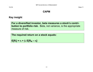 MIT SLOAN SCHOOL OF MANAGEMENT
15.414 Class 11
CAPM
Key insight
For a diversified investor, beta measures a stock’s contri...