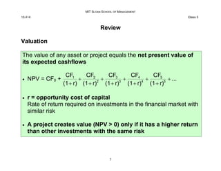 MIT SLOAN SCHOOL OF MANAGEMENT
15.414 Class 3
Review
Valuation
The value of any asset or project equals the net present va...