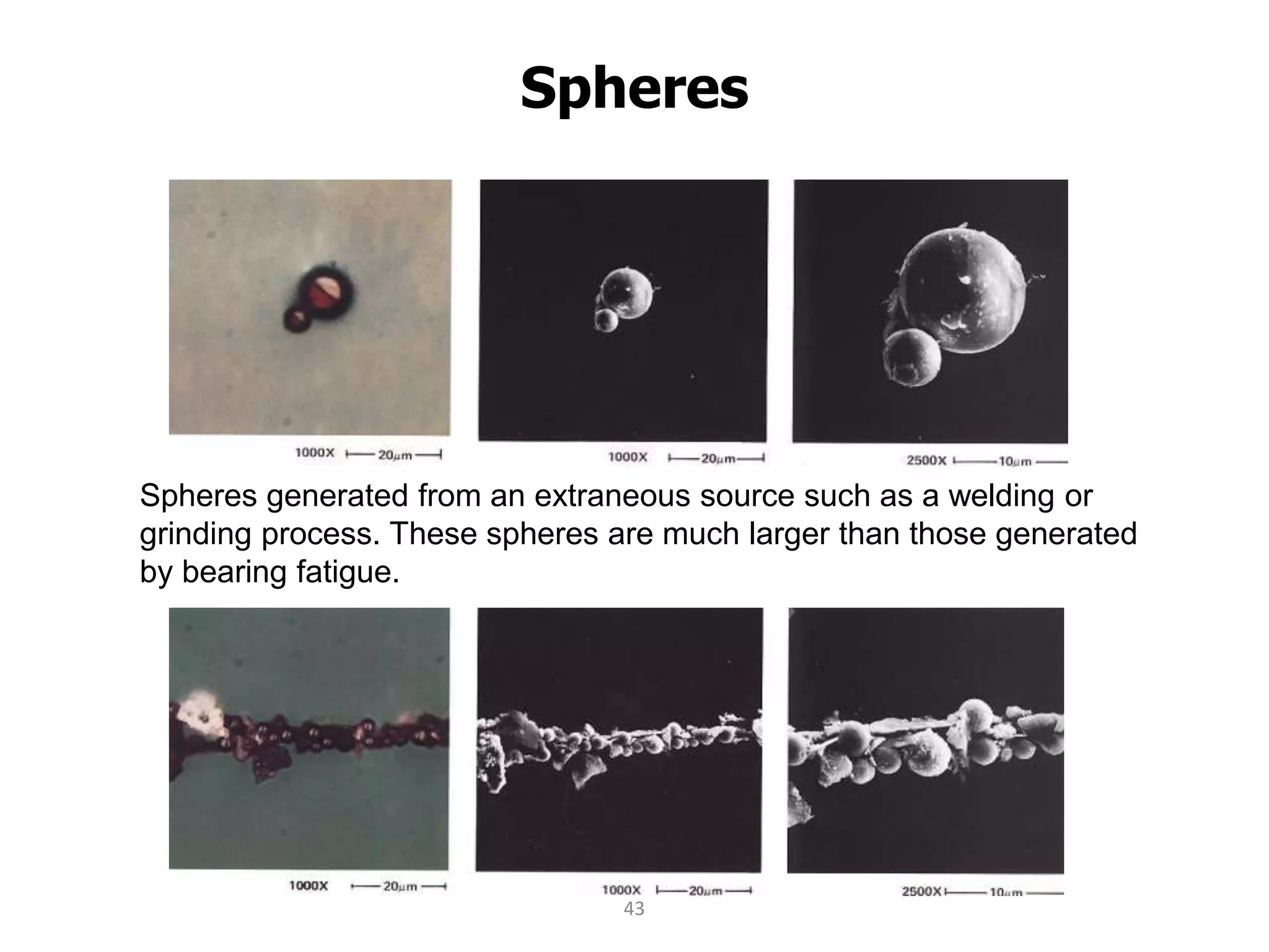Spheres
Spheres generated from an extraneous source such as a welding or
grinding process. These spheres are much larger than those generated
by bearing fatigue.
Spheres generated by a fatiguing bearing < 5 microns
43
 
