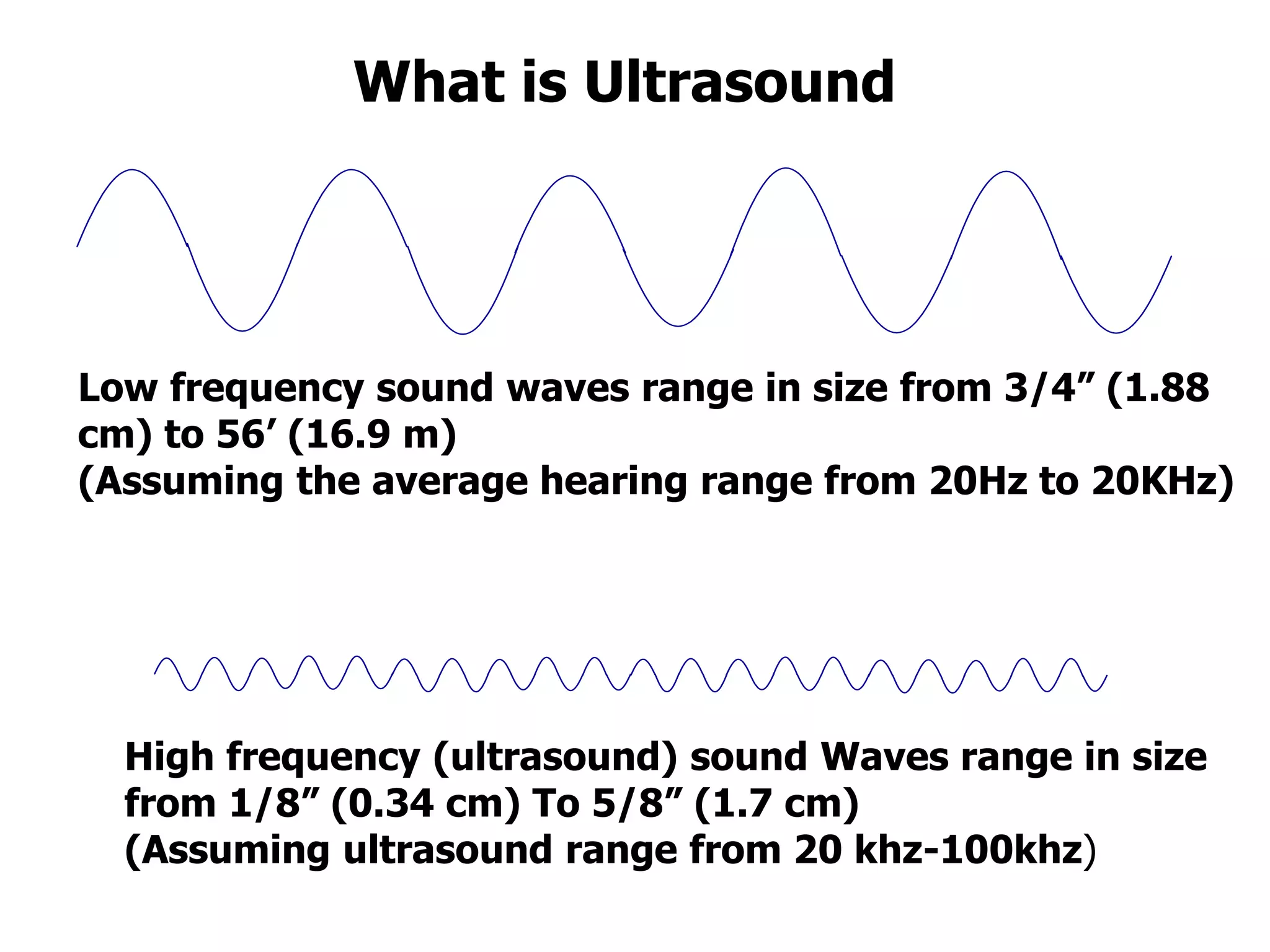 What is Ultrasound
High frequency (ultrasound) sound Waves range in size
from 1/8” (0.34 cm) To 5/8” (1.7 cm)
(Assuming ultrasound range from 20 khz-100khz)
Low frequency sound waves range in size from 3/4” (1.88
cm) to 56’ (16.9 m)
(Assuming the average hearing range from 20Hz to 20KHz)
 