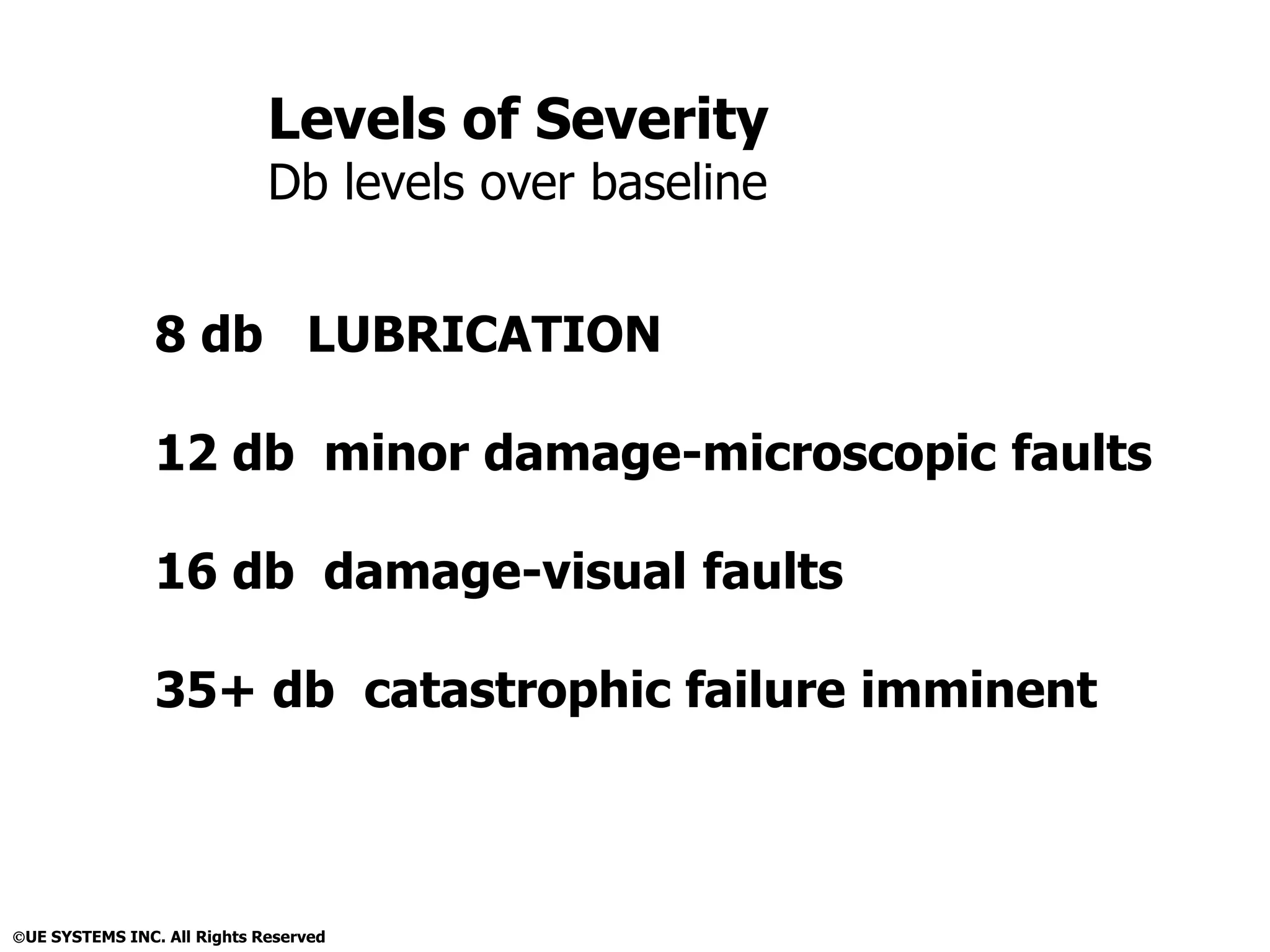 Levels of Severity
Db levels over baseline
8 db LUBRICATION
12 db minor damage-microscopic faults
16 db damage-visual faults
35+ db catastrophic failure imminent
UE SYSTEMS INC. All Rights Reserved
 