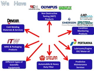 Automobile & Heavy
Duty Filter
Different types of
Scientific
Equipments
Non Destructive
Testing (NDT)
Products
Lubricants/Engine
Oil/ Motor oil
Condition
Monitoring
Products
Predictive
Maintenance
Services
MRO & Packaging
Products
Cold Welding
Materials & Services
 