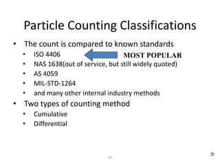35
Particle Counting Classifications
• The count is compared to known standards
• ISO 4406
• NAS 1638(out of service, but still widely quoted)
• AS 4059
• MIL-STD-1264
• and many other internal industry methods
• Two types of counting method
• Cumulative
• Differential
MOST POPULAR
35
 