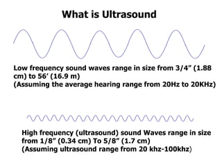What is Ultrasound
High frequency (ultrasound) sound Waves range in size
from 1/8” (0.34 cm) To 5/8” (1.7 cm)
(Assuming ultrasound range from 20 khz-100khz)
Low frequency sound waves range in size from 3/4” (1.88
cm) to 56’ (16.9 m)
(Assuming the average hearing range from 20Hz to 20KHz)
 