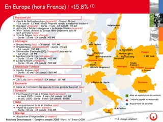 En Europe (hors France) : +15,8% (1)
        Royaume‐Uni
      • Comté de Nottinghamshire (propreté) - Durée : 26 ans
        - CA cumulé : 1,2 Md€ -Veolia Propreté retenu « preferred bidder »
      n Blackpool (propreté) – Durée : 7 ans - CA cumulé : 34 M€                                    Helgelandske
      l Activités « Déchets dangereux » du Groupe Shanks (propreté)
      l Weir Techna, division du Groupe Weir (ingenierie dans le
        sect. pétrolier) (eau)
      • Site de Diageo (serv. énergie)
        - Durée : 15 ans - CA cumulé : 45 M€
                                                                                                    Norvège
        Allemagne
      • Braunschweig (eau) - CA annuel : 350 M€                              Weir Techna
      • Braunschweig (assainissement) - Durée : 30 ans
        - CA cumulé : 390 M€                                                                                     La Marschbahn
      l Dortmunder Eisenbahn (DE) (transport) pour moitié                                                                               Pologne
        - CA annuel : 25 M€                                                        Blackpool                     Nordharz‐Netz
      n Nordharz-Netz (Harz) (transport)                                  Diageo                                                             ZEC Lodz
                                                                                    Nottinghamshire             Braunschweig
        - Durée : 12 ans - CA cumulé : 402 M€                                                             Dortmund
      n La Marschbahn (transport)                                            Royaume‐Uni
        - Durée : 10 ans - CA cumulé : 500 M€                                                                               Hradec
                                                                              Shanks                                        Kralove
       République Tchèque                                                     (déchets dangereux)               Allemagne    Rép. Tchèque Slovaquie
      • Hradec Kralove (eau)                                                                                                             Trnava
         - Durée : 30 ans - CA cumulé : 560 M€
        Pologne
      l ZEC Lodz (serv. énergie) - CA annuel : 167 M€
                                                                               pRégion de Ligurie                                    Roumanie
        Roumanie
      n Usine de traitement des eaux de Crivina, près de Bucarest (eau)
                                                                                           Italie
        Slovaquie                                                                                                                     Crivina
      • PSA Peugeot Citroën à Trnava (multi-services)
        - en mars 2005 : Durée : 8 ans - CA cumulé : 60 M€                                                                  Mise en exploitation de contrats
        - en déc. 2005 : Durée : 8 ans - CA cumulé : 65 M€                                                                  Contrats gagnés ou renouvelés
        Italie
                                                                                                                            Acquisitions de sociétés
      l p Acquisition en Sicile et Calabre (eau)
      • Région de Ligurie (serv. énergie)                                                                     pCalabre
        - Durée : 10 ans - CA cumulé : 130 M€
        Norvège                                                                                Sicilie

       l Acquisition d‘Helgelandske (transport)
                                                                                                          (1)                                   11
Relations Investisseurs - Comptes annuels 2005 – Paris, le 13 mars 2006                                         À change constant
 