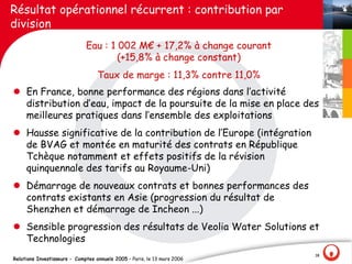 Résultat opérationnel récurrent : contribution par
division
                              Eau : 1 002 M€ + 17,2% à change courant
                                      (+15,8% à change constant)
                                   Taux de marge : 11,3% contre 11,0%
l En France, bonne performance des régions dans l‛activité
  distribution d‛eau, impact de la poursuite de la mise en place des
  meilleures pratiques dans l‛ensemble des exploitations
l Hausse significative de la contribution de l‛Europe (intégration
  de BVAG et montée en maturité des contrats en République
  Tchèque notamment et effets positifs de la révision
  quinquennale des tarifs au Royaume-Uni)
l Démarrage de nouveaux contrats et bonnes performances des
  contrats existants en Asie (progression du résultat de
  Shenzhen et démarrage de Incheon ...)
l Sensible progression des résultats de Veolia Water Solutions et
  Technologies
                                                                          18
Relations Investisseurs - Comptes annuels 2005 – Paris, le 13 mars 2006
 