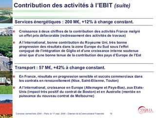 Contribution des activités à l’EBIT (suite)

Services énergétiques : 200 M€, +12% à change constant.

   Croissance à deux chiffres de la contribution des activités France malgré
   un effet prix défavorable (redressement des activités de travaux)

   A l’international, bonne contribution du Royaume Uni, très bonne
   progression des résultats dans la zone Europe du Sud sous l’effet
   conjugué de l'intégration de Giglio et d'une croissance interne soutenue
   ainsi que d’une bonne tenue de la contribution des pays d’Europe de l'Est


Transport : 57 M€, +42% à change constant.
   En France, résultats en progression sensible et succès commerciaux dans
   les contrats en renouvellement (Nice, Saint-Etienne, Toulon)

   A l’international, croissance en Europe (Alle magne et Pays-Bas), aux Etats-
   Unis (impact très positif du contrat de Boston) et en Australie (montée en
   puissance du nouveau contrat de Melbourne)




Comptes semestriels 2004 – Paris, le 17 sept. 2004 – Direction de la Communication Financière   19
 