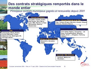 Des contrats stratégiques remportés dans le
         monde entier
            Principaux contrats municipaux gagnés et renouvelés depuis 2001

                                                   Europe de l'Ouest
                                               Bruxelles, Camden, Dublin,
                                                                                                           Europe Centrale et de l'Est
                                              East Sussex, Gera, Marne,
                                              Lyon, Metz, Rennes, La Haye,                     Rép. Tchèque (Prague, Moravia). Lituanie, Pologne
                                              Weisswasser (Saxony)                             (Poznan), Slovénie, Estonie
                                              Westminster…

                                                                                                                             Asie
           USA
                                                                                                           Chine (Baoji, Beijing, Guangzhou, Lao
Indianapolis, Atlanta, Boston,                                                                             Gang, Pudong/Shanghai, Shenzhen,
Pontiac (Michigan), Tampa,                                                                                 Tianjin, Zuhai …), Singapour, Taichung
Oklahoma City, Washington DC,                                                                              (Taiwan) …
US Virgin Islands …
                                                                  Afrique et Moyen-Orient
                                                                    Al exandrie, Jérusalem,
                                                                    Rabat …




                                                                                                 Australie / Nlle-Zélande
                                                                                                  Auckland, Melbourne,
                                                                                                  Woodlawn…




           Comptes semestriels 2004 – Paris, le 17 sept. 2004 – Direction de la Communication Financière       35
 