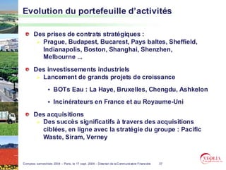 Evolution du portefeuille d’activités

       Des prises de contrats stratégiques :
         Prague, Budapest, Bucarest, Pays baltes, Sheffield,
         Indianapolis, Boston, Shanghai, Shenzhen,
         Melbourne ...

       Des investissements industriels
         Lancement de grands projets de croissance
                      BOTs Eau : La Haye, Bruxelles, Chengdu, Ashkelon
                      Incinérateurs en France et au Royaume-Uni

       Des acquisitions
         Des succès significatifs à travers des acquisitions
         ciblées, en ligne avec la stratégie du groupe : Pacific
         Waste, Siram, Verney



Comptes semestriels 2004 – Paris, le 17 sept. 2004 – Direction de la Communication Financière   37
 