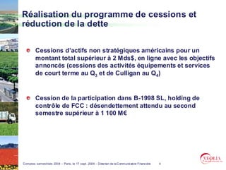 Réalisation du programme de cessions et
réduction de la dette


        Cessions d’actifs non stratégiques américains pour un
        montant total supérieur à 2 Mds$, en ligne avec les objectifs
        annoncés (cessions des activités équipements et services
        de court terme au Q3 et de Culligan au Q4)


        Cession de la participation dans B-1998 SL, holding de
        contrôle de FCC : désendettement attendu au second
        semestre supérieur à 1 100 M€




Comptes semestriels 2004 – Paris, le 17 sept. 2004 – Direction de la Communication Financière   4
 