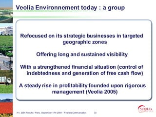 Veolia Environnement today : a group



   Refocused on its strategic businesses in targeted
                   geographic zones

                   Offering long and sustained visibility

   With a strengthened financial situation (control of
     indebtedness and generation of free cash flow)

  A steady rise in profitability founded upon rigorous
               management (Veolia 2005)


H1, 2004 Results– Paris, September 17th 2004 – Financial Communication   33
 