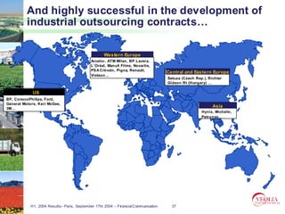 And highly successful in the development of
          industrial outsourcing contracts…

                                                    Western Europe
                                             Arcelor, ATM Milan, BP Lavera,
                                             L’Oréal, Manuli Films, Novartis,
                                             PS A Citroën, Pigna, Renault,
                                                                                     Central and Eastern Europe
                                             Visteon…
                                                                                     Setuza (Czech Rep.), Richter
                                                                                     Gideon Rt (Hungary) …

             US
BP, ConocoPhilips, Ford,
General Motors, Kerr McGee,
3M…
                                                                                                            Asia
                                                                                                      Hynix, Michelin,
                                                                                                      Petronas…




            H1, 2004 Results– Paris, September 17th 2004 – Financial Communication     37
 
