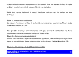 qualité de l’environnement, argumentation qui fera ressortir d’une part les axes de force du projet
et d’autre part, les inconvénients majeurs afférents à sa réalisation.

L’ABE tient compte également du rapport d’audience publique avant de finaliser son avis
technique.

Étape 12 : Analyse environnementale
La décision d’émettre un certificat de conformité environnementale appartient au Ministre après
avis technique motivé de l’ABE.

Pour procéder à l’analyse environnementale l’ABE peut solliciter la collaboration des divers
ministères et organismes intéressés ou impliqués dans le projet.
Étape 13 : Examen par un groupe de travail
Dans le cas d’une étude d’impact environnementale approfondie, l’ABE met en place un groupe de
travail ad hoc spécifique à chaque projet, constitué conformément à l’article 12 du décret EIE.

Étape 14 : Avis technique de la cellule environnementale
GUIDE GÉNÉRAL DE RÉALISATION D’UNE ÉTUDE D’IMPACT SUR
L’ENVIRONNEMENT

28

 