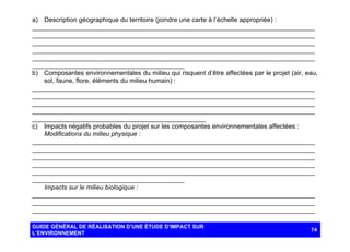 a) Description géographique du territoire (joindre une carte à l’échelle appropriée) :
______________________________________________________________________________
______________________________________________________________________________
______________________________________________________________________________
______________________________________________________________________________
______________________________________________________________________________
__________________________________________
b) Composantes environnementales du milieu qui risquent d’être affectées par le projet (air, eau,
sol, faune, flore, éléments du milieu humain) :
______________________________________________________________________________
______________________________________________________________________________
______________________________________________________________________________
______________________________________________________________________________
________________________________________________
c) Impacts négatifs probables du projet sur les composantes environnementales affectées :
Modifications du milieu physique :
______________________________________________________________________________
______________________________________________________________________________
______________________________________________________________________________
______________________________________________________________________________
______________________________________________________________________________
__________________________________________
Impacts sur le milieu biologique :
______________________________________________________________________________
______________________________________________________________________________
______________________________________________________________________________
GUIDE GÉNÉRAL DE RÉALISATION D’UNE ÉTUDE D’IMPACT SUR
L’ENVIRONNEMENT

74

 