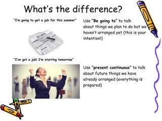 What’s the difference?
“I’m going to get a job for this summer”
“I’ve got a job! I’m starting tomorrow”
Use “Be going to” to talk
about things we plan to do but we
haven’t arranged yet (this is your
intention!)
Use “present continuous” to talk
about future things we have
already arranged (everything is
prepared)
 