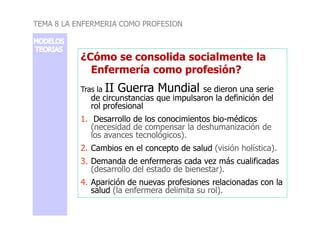 ¿Cómo se consolida socialmente la
Enfermería como profesión?
Tras la II Guerra Mundial se dieron una serie
de circunstancias que impulsaron la definición del
rol profesional
TEMA 8 LA ENFERMERIA COMO PROFESION
1. Desarrollo de los conocimientos bio-médicos
(necesidad de compensar la deshumanización de
los avances tecnológicos).
2. Cambios en el concepto de salud (visión holística).
3. Demanda de enfermeras cada vez más cualificadas
(desarrollo del estado de bienestar).
4. Aparición de nuevas profesiones relacionadas con la
salud (la enfermera delimita su rol).
 