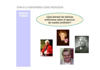 ¿Qué piensan las teóricas
enfermeras sobre el ejercicio
de nuestra profesión?
TEMA 8 LA ENFERMERIA COMO PROFESION
 