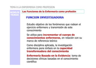 Las Funciones de la Enfermería como profesión
TEMA 8 LA ENFERMERIA COMO PROFESION
Estudio objetivo de los fenómenos que rodean el
ejercicio enfermero y transmisión de este
conocimiento
Se utiliza para incrementar el cuerpo de
Se utiliza para incrementar el cuerpo de
conocimientos enfermeros, en relación con su
marco de referencia teórico
Como disciplina aplicada, la investigación
enfermera pone énfasis en la capacidad
transformadora del conocimiento
Enfermería Basada en la Evidencia: toma de
decisiones clínicas basadas en el conocimiento
científico
 