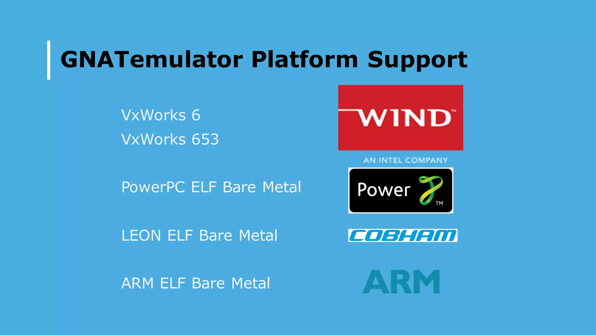 GNATemulator Platform Support
VxWorks 6
VxWorks 653
PowerPC ELF Bare Metal
LEON ELF Bare Metal
ARM ELF Bare Metal
 