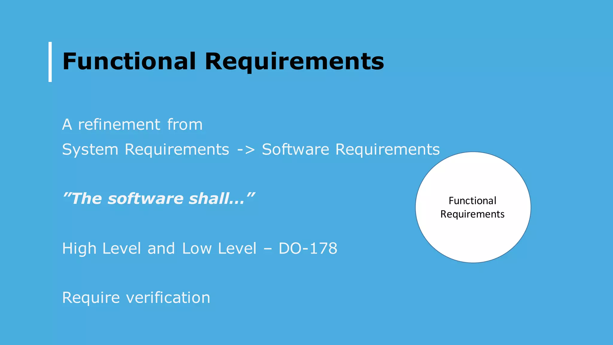 Functional Requirements
A refinement from
System Requirements -> Software Requirements
”The software shall…”
High Level and Low Level – DO-178
Require verification
Functional	
Requirements
 