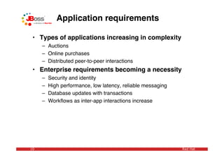 Application requirements

 • Types of applications increasing in complexity
     – Auctions
     – Online purchases
     – Distributed peer-to-peer interactions
 • Enterprise requirements becoming a necessity
     –   Security and identity
     –   High performance, low latency, reliable messaging
     –   Database updates with transactions
     –   Workﬂows as inter-app interactions increase




10                                                           Red Hat
 