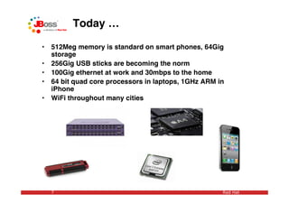 Today …

•   512Meg memory is standard on smart phones, 64Gig
    storage
•   256Gig USB sticks are becoming the norm
•   100Gig ethernet at work and 30mbps to the home
•   64 bit quad core processors in laptops, 1GHz ARM in
    iPhone
•   WiFi throughout many cities




    7                                                 Red Hat
 