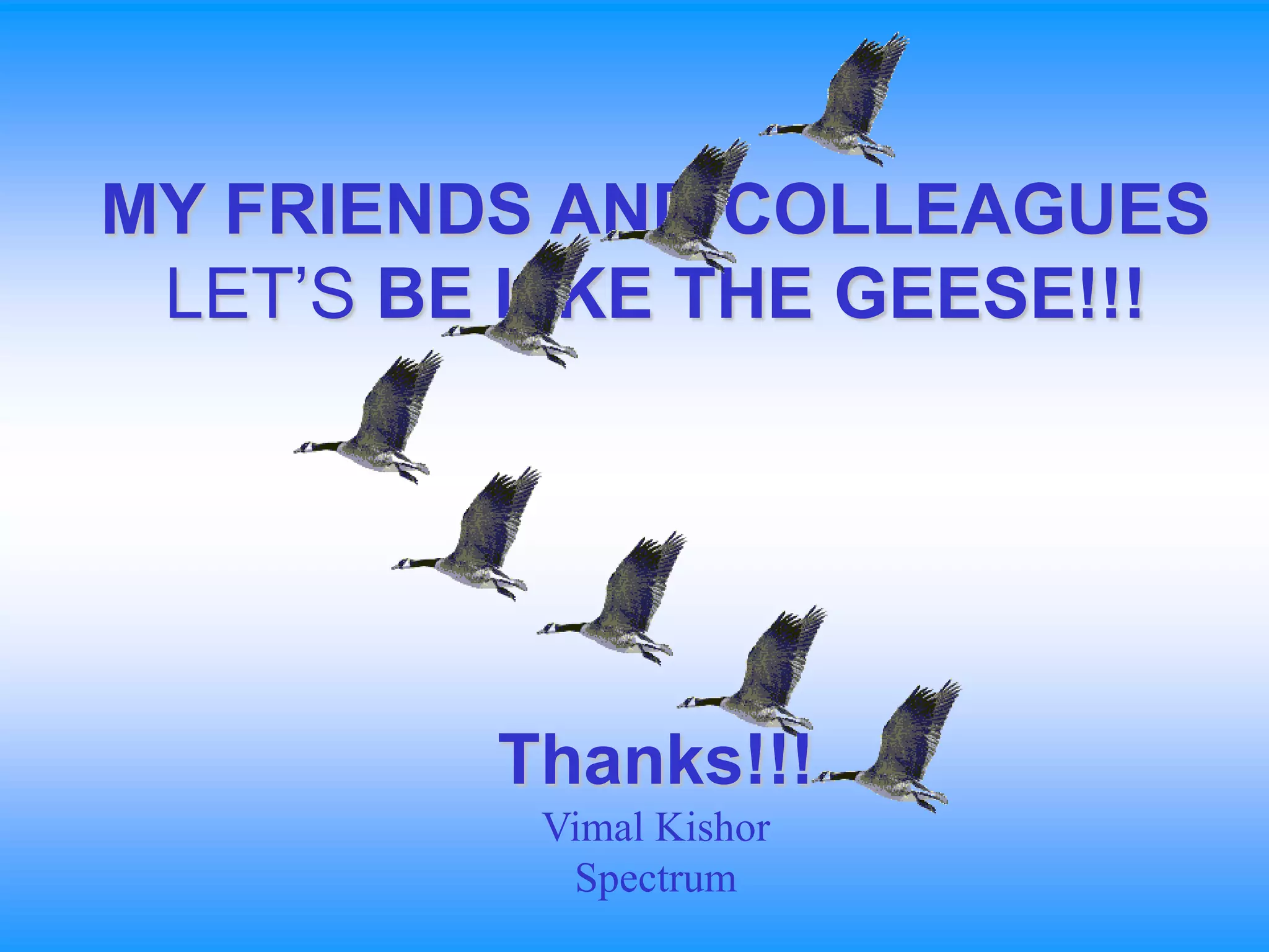 MY FRIENDS AND COLLEAGUES
 LET’S BE LIKE THE GEESE!!!




         Thanks!!!
          Vimal Kishor
           Spectrum
 