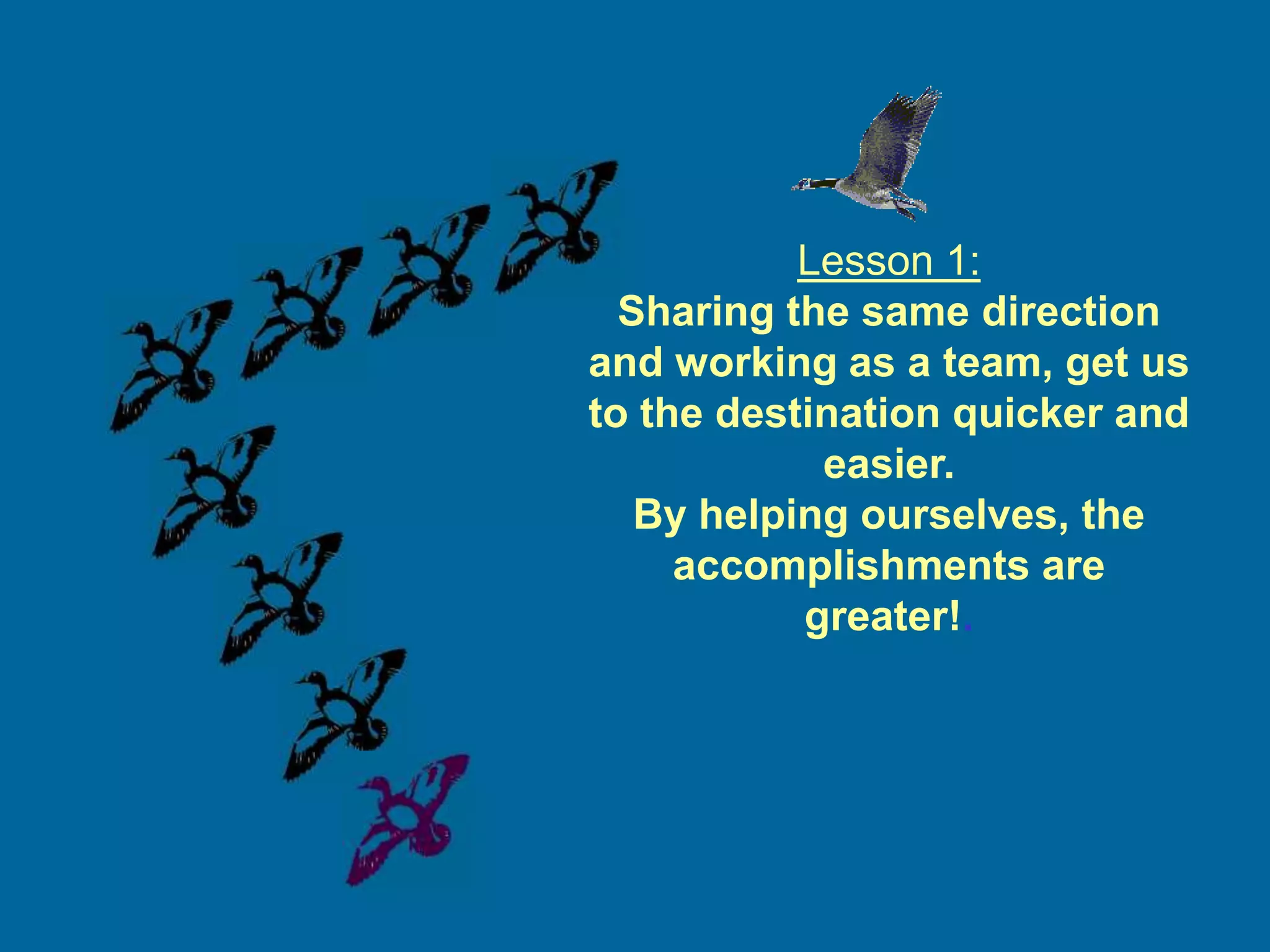 Lesson 1:
  Sharing the same direction
and working as a team, get us
to the destination quicker and
            easier.
   By helping ourselves, the
     accomplishments are
           greater!.
 