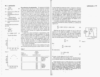 96 / optimización optimización / 97
( Procedimiento de optimización. Un ingeniero de tránsito
(a) realiza un estudio que tiene por objeto maximtzar el numero
de vehículos que pueden pasar por los túneles de alta circu¬
lación en la ciudad de Nueva York. No, este asunto no es cosa
de simplemente aumentar la velocidad de tránsito dé los ve-
h:culos. El lector sabe, lo mismo que el ingeniero, que los
conductores de autos aumentan la separación o distancia entre
sus vehículos a medida que elevan su velocidad. De hecho,
(ó) eí proyectista tiene datos (Fig. 6) de una muestra de un gran
número de conductores que indican que la distancia entre ve-
C = número de vehículos por hículos aumenta más rápidamente que la velocidad de trán-
hora sito- Por tanto, si se hace que los automovilistas circulen
mayor rapidez, tratando de que un número mayor por hora
túnel, el mayor éspaciamiento tendrá el efecto
Lo anterior hace sospechar al ingeniero que hay
cierto valor óptimo de la velocidad, es decir, un valor que
maximiza el número de vehículos que pueden circular por
hora en un túnel. Procede así a explorar esta posibilidad del
modo siguiente.
A partir de sus datos de distancia o espaciamiento y velo¬
cidad, el ingeniero deduce el modelo matemático (a). En éste,
D es la distancia media entre vehículos y V es su velocidad
media. Convierte luego ese modelo en la ecuación (c) que
describe el efecto de 5 (la variable manipulada) sobre el nú¬
mero de vehículos por hora (el criterio) que.pasan por el
túnel. El modelo matemático (c) se llama una función de
criterio; describe-la forma en que el criterio es función de una
o más variables manipuladas.
Para determinar qué valor de ó hace máximo a C (o sea,
qué velocidad permitirá que pase el mayor número de vehícu¬
los por el túnel en un«intervalo dado), el ingeniero substituye
una serie de valores tentativos de velocidad en la ecuación
(c) y calcula los valores resultantes de C. Los resultados apa¬
recen en la tabla.1. Se emplean valores de 5 múltiplos de 10
para determinar la localización general del máximo de C, y
luego se explora una “región limitada de interés” alrededor
de las 20 millas/hora (mi/h), substituyendo valores de 5
incrementos de 1 mi/h. La conclusión del ingeniero
sigue: 21 mi/h es la velocidad óptima con respecto a! cri¬
terio de número de vehículos por hora.
A la misma conclusión puede llegarse aplicando el cálculo
diferencial. La función de criterio, ecuación (c), se deriva
respecto a 5:
0.324
D =
42.1 - 5
D = distancia (en millas por
vehículo)
5 = velocidad (en millas por
hora) con
¿ÿ(millas /hora)
Q =
___
D (miüus/vehículo)
es como
con con
Combinando las ecuaciones pasen po
contrario.
un
(a) y (b): d°
= 130.0—2(3.1)5 = 130.0-6.25
un
(d)
5 dS T 7 T
c =
I]dc J~IC
ds'° / I
0.324
Obsérvese que dC/dS es la rapidez con que C varía con
respecto a 5 (su rapidez de cambio), y es también la pen¬
diente de la curva de la Fig. 9. Es claro que tal pendiente
resulta distinta para diferentes valores de 5. En el vértice de
la curva, en donde C es máximo, la pendiente es cero. Por lo
tanto, la velocidad óptima es el valor de V para el cual
42.1-5
C = 130.05-3.152 (c)
( /
_j
Ts
(
Función de criterio
1
Valor óptimo
5 (millas por hora)
( O
dC
o
/
-TT- = 0 (e)
o
IOOO
dS FIGURA 9.
11 Pero
Ti dC
o
— = 130.0—6.25 (/)
(
1
i
O ¡O 20 30 40
S (millas por hora)
Tabla 1
En consecuencia.
(
Valores
resultantes
deC
(vehículos por hora)
FIOURA 7.
0 = 130.0-6.25
5 = 21
( Valores
tentativos S
(millas por hora)
(e)
o
° o
( Así, pues, el valor óptimo de 5 es 21 mi/h.*
Estos métodos alternativos de llegar a la velocidad ópti
de los vehículos ilustran dos procedimientos básicamente dis-
* Esta ilustración se basa en estudios efectuados por la Autoridad
del Puerto de Nueva York, como se informa en el artículo "The
influence of Vehicular Speed and Spacing on Tunnel Capacity”
(Influencia de la velocidad de tránsito y distanciamiento de vehículos
«obre la capacidad de un túnel), de Edward S. Olcott, JOURNAL
OF THE OPERATIONS RESEARCH SOCIETY OF AMERICA
(Revista de la Sociedad de Investigafción de Operaciones de los
Estados Unidos), Vol. 3, No. 2, Mayo de 1955.
o o
1350 —
Primer conjunto
de valores
tentativos
(Fig. 7)
990
10
o
11
i!
o 1360
20
( 1110
30
240
40
1300- 1336
18
Valores
tentativos
siguientes
(Fig. 8)
1351
19
.*
1363
21
1
1
Ai—1—1
—
' 18 20
S (millas por hora)
1360
22
22 24
1350
23
1334
24
FISURA 8.
 
