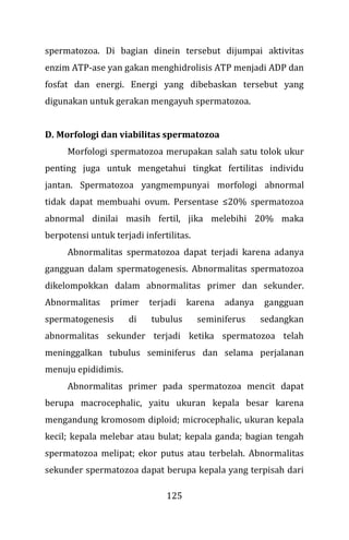 125
spermatozoa. Di bagian dinein tersebut dijumpai aktivitas
enzim ATP-ase yan gakan menghidrolisis ATP menjadi ADP dan
fosfat dan energi. Energi yang dibebaskan tersebut yang
digunakan untuk gerakan mengayuh spermatozoa.
D. Morfologi dan viabilitas spermatozoa
Morfologi spermatozoa merupakan salah satu tolok ukur
penting juga untuk mengetahui tingkat fertilitas individu
jantan. Spermatozoa yangmempunyai morfologi abnormal
tidak dapat membuahi ovum. Persentase ≤20% spermatozoa
abnormal dinilai masih fertil, jika melebihi 20% maka
berpotensi untuk terjadi infertilitas.
Abnormalitas spermatozoa dapat terjadi karena adanya
gangguan dalam spermatogenesis. Abnormalitas spermatozoa
dikelompokkan dalam abnormalitas primer dan sekunder.
Abnormalitas primer terjadi karena adanya gangguan
spermatogenesis di tubulus seminiferus sedangkan
abnormalitas sekunder terjadi ketika spermatozoa telah
meninggalkan tubulus seminiferus dan selama perjalanan
menuju epididimis.
Abnormalitas primer pada spermatozoa mencit dapat
berupa macrocephalic, yaitu ukuran kepala besar karena
mengandung kromosom diploid; microcephalic, ukuran kepala
kecil; kepala melebar atau bulat; kepala ganda; bagian tengah
spermatozoa melipat; ekor putus atau terbelah. Abnormalitas
sekunder spermatozoa dapat berupa kepala yang terpisah dari
 