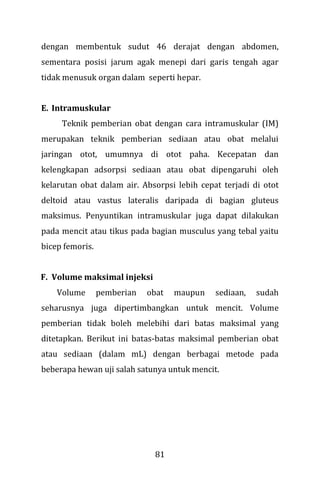 81
dengan membentuk sudut 46 derajat dengan abdomen,
sementara posisi jarum agak menepi dari garis tengah agar
tidak menusuk organ dalam seperti hepar.
E. Intramuskular
Teknik pemberian obat dengan cara intramuskular (IM)
merupakan teknik pemberian sediaan atau obat melalui
jaringan otot, umumnya di otot paha. Kecepatan dan
kelengkapan adsorpsi sediaan atau obat dipengaruhi oleh
kelarutan obat dalam air. Absorpsi lebih cepat terjadi di otot
deltoid atau vastus lateralis daripada di bagian gluteus
maksimus. Penyuntikan intramuskular juga dapat dilakukan
pada mencit atau tikus pada bagian musculus yang tebal yaitu
bicep femoris.
F. Volume maksimal injeksi
Volume pemberian obat maupun sediaan, sudah
seharusnya juga dipertimbangkan untuk mencit. Volume
pemberian tidak boleh melebihi dari batas maksimal yang
ditetapkan. Berikut ini batas-batas maksimal pemberian obat
atau sediaan (dalam mL) dengan berbagai metode pada
beberapa hewan uji salah satunya untuk mencit.
 